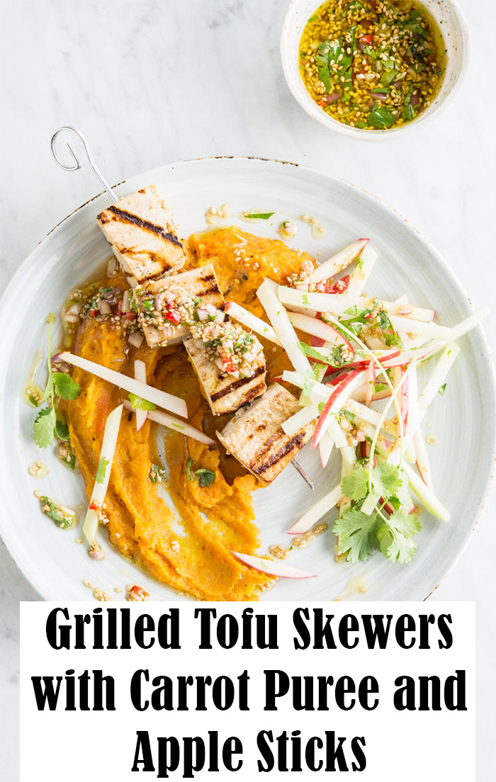 Grilled Tofu Skewers with Carrot Puree and Apple Sticks